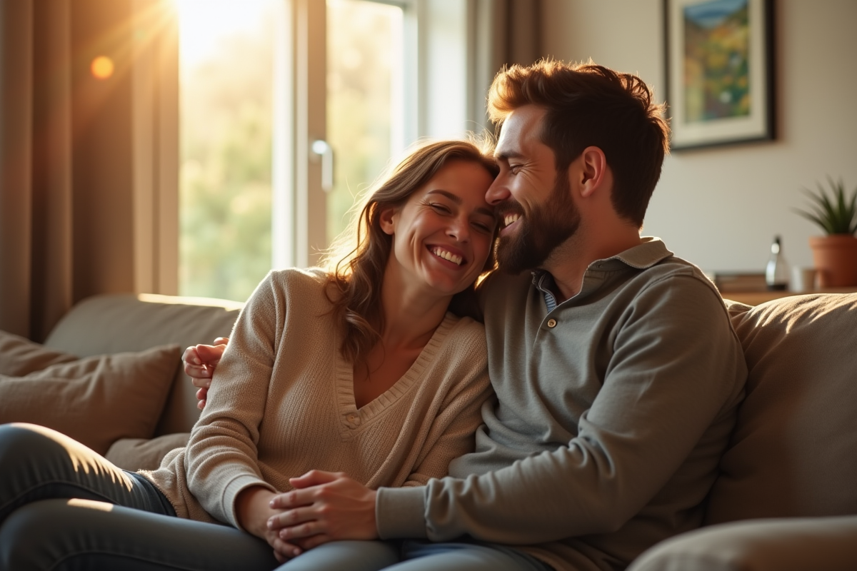 Couple assis sur un canapé dans un salon lumineux et chaleureux