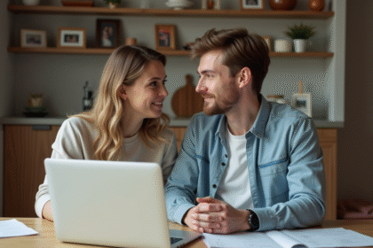Jeune couple en cuisine échangeant un regard attentif