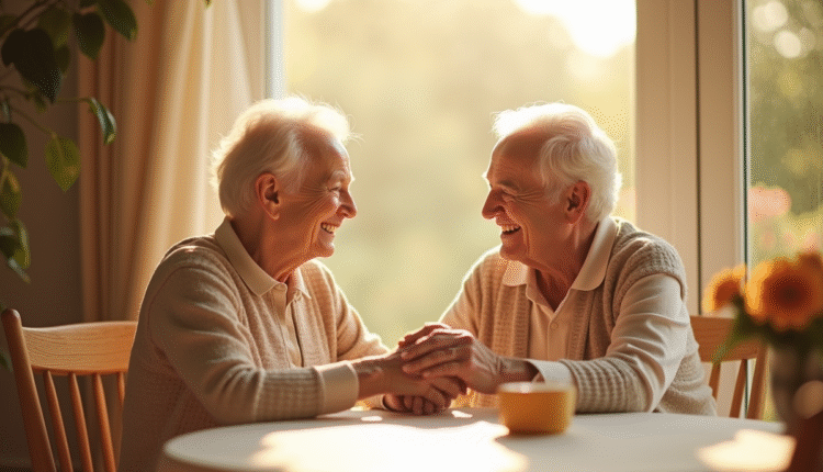 Couple agee souriant avec fleurs sur une table en plein soleil