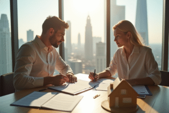 Jeune couple confiant examinant documents immobiliers dans un bureau lumineux