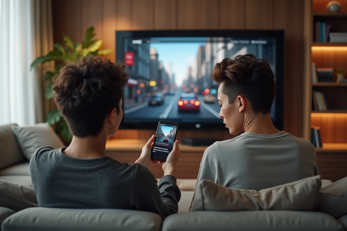 Couple de joueurs consultant les actualités sur la date de sortie de GTA 6 sur smartphone