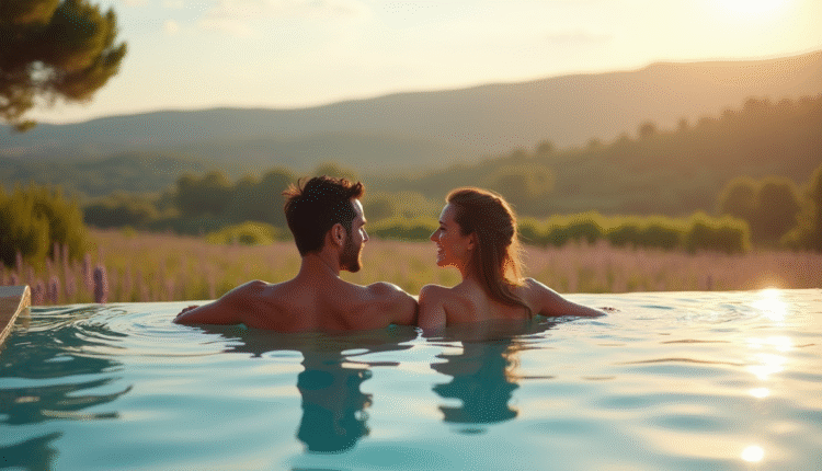 Couple romantique dans une piscine à débordement en Provence