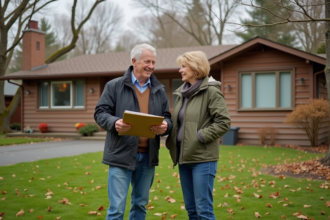 Couple devant maison canadienne des années 70 en automne
