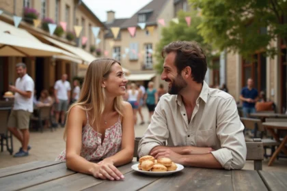 Jeune couple dégustant des pâtisseries traditionnelles en plein air