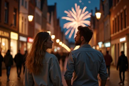 Couple se promenant dans les rues pavées de Lille lors d'un feu d'artifice visible en arrière-plan