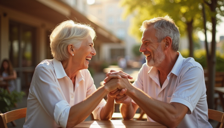 Couple mature riant main dans la main en plein air