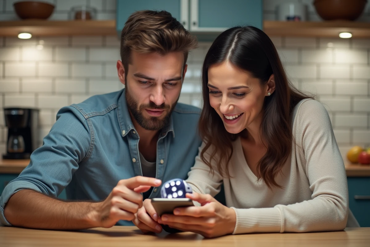 Couple adulte examinant ensemble un smartphone affichant des liens de dés gratuits Monopoly GO avec des notifications de récompenses manquées dans une cuisine moderne