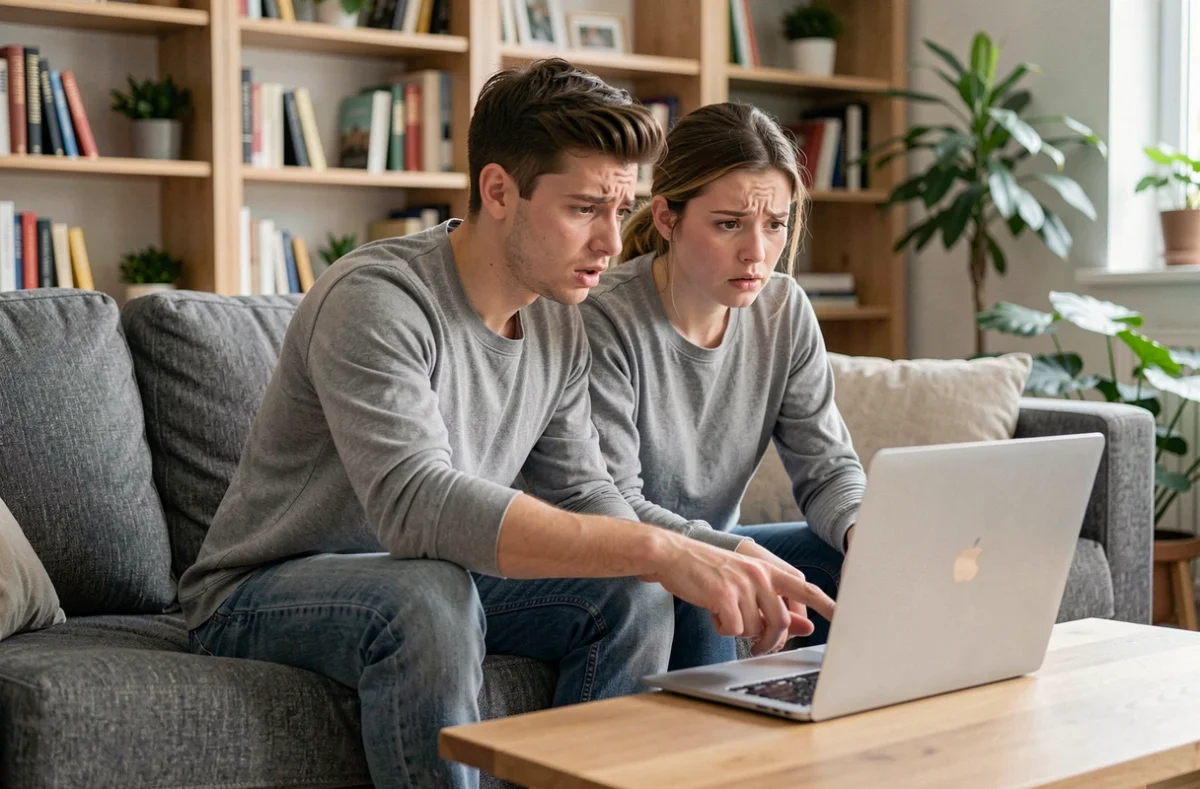 Couple inquiet examinant ensemble une plateforme de réservation en ligne sur un ordinateur portable