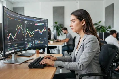 Data scientist analysant une courbe ROC et la métrique AUC sur un écran d'ordinateur dans un bureau moderne
