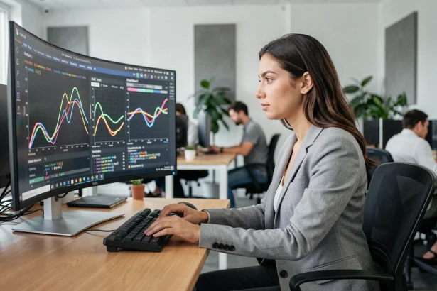 Data scientist analysant une courbe ROC et la métrique AUC sur un écran d'ordinateur dans un bureau moderne