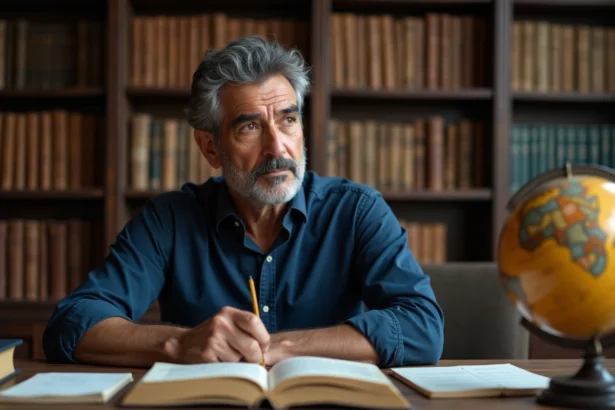 Homme aux traits méditerranéens assis à un bureau d'érudit entouré de livres encyclopédiques et de notes manuscrites, évoquant une recherche approfondie sur les origines et l'identité