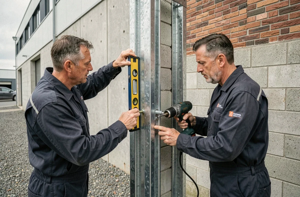 Deux techniciens installant une porte métallique sécurisée sur un bâtiment commercial en Seine-Maritime