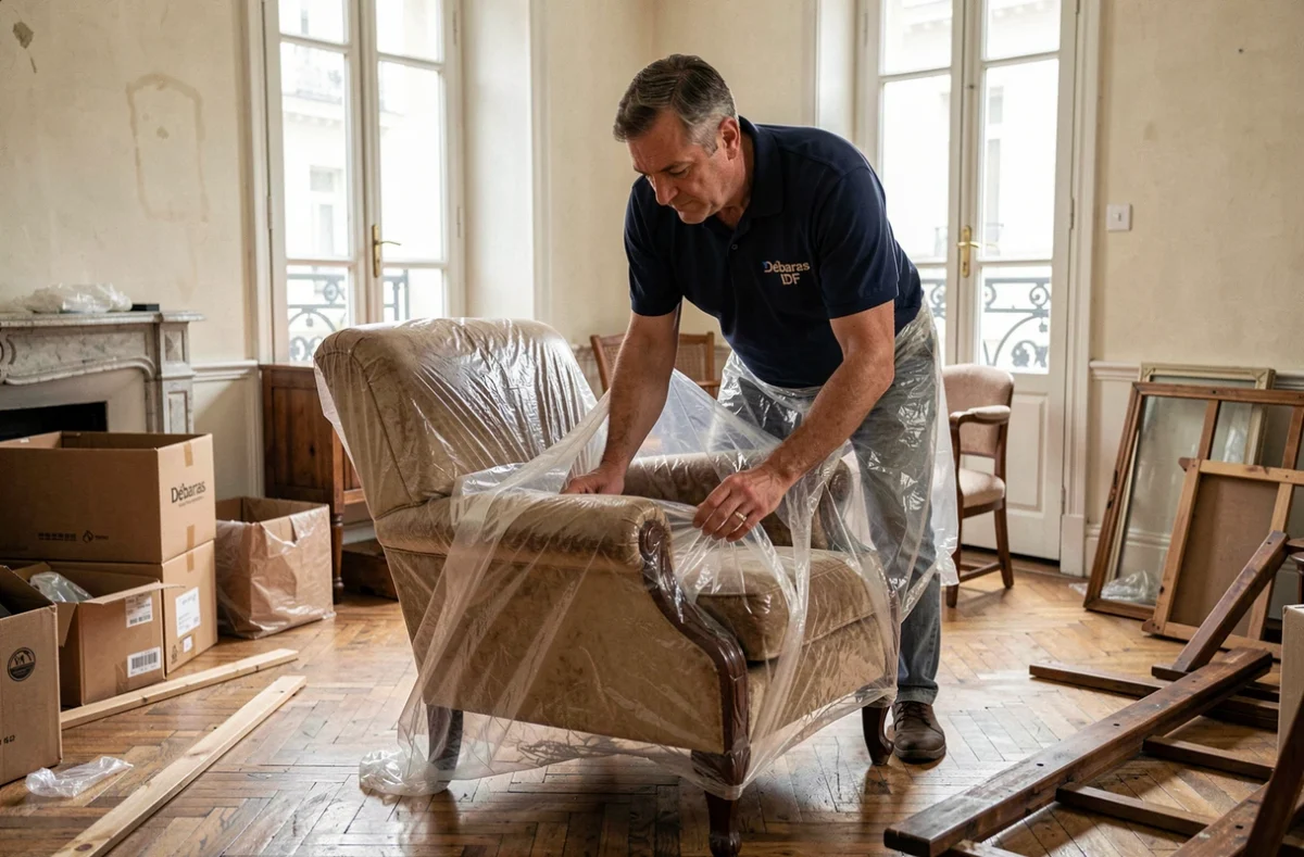 Employé de Débarras IDF emballant un fauteuil dans un appartement encombré à Paris