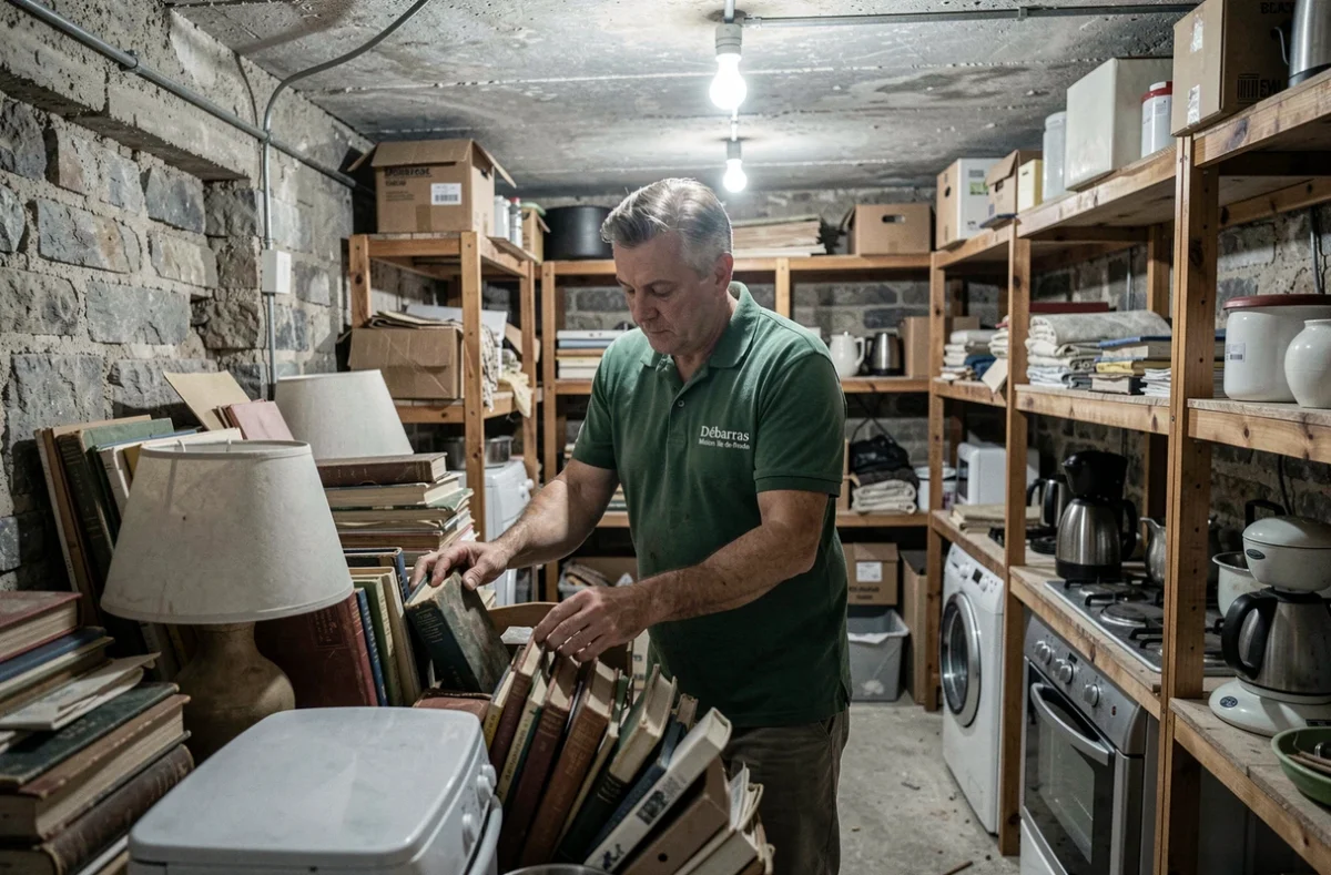 Travailleur de Débarras Maison Île-de-France triant des objets dans un sous-sol encombré
