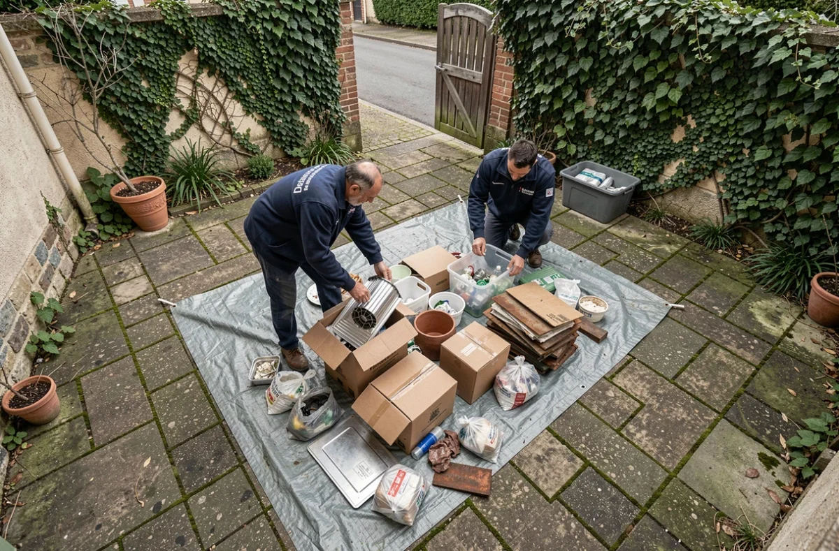 Agents de Débarras Services IDF triant des matières recyclables dans une cour pavée