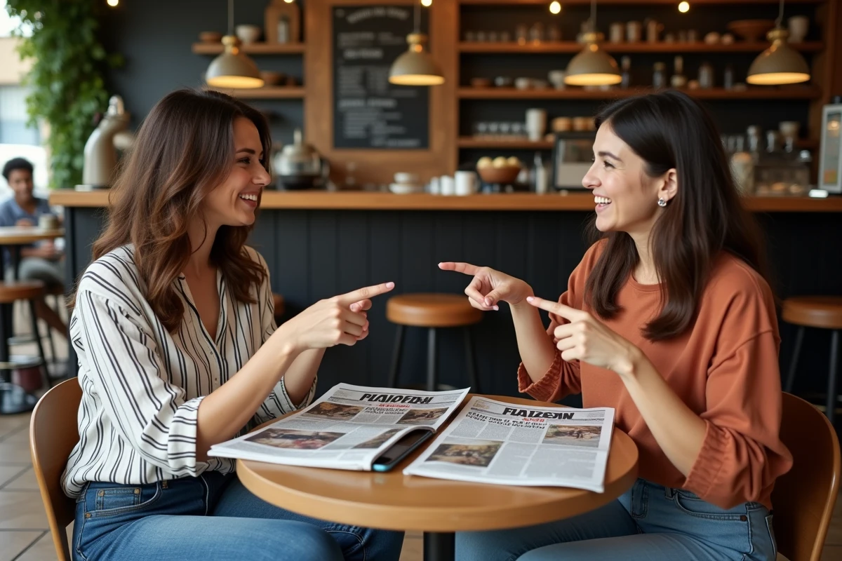 Deux femmes débattant de l'authenticité d'articles peoples autour de magazines dans un café parisien