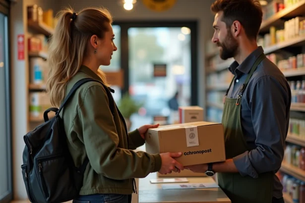 Une femme dépose un colis Chronopost au comptoir d'un point relais dans une épicerie de quartier