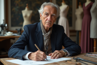 Designer mode âgé en studio avec croquis et tissus