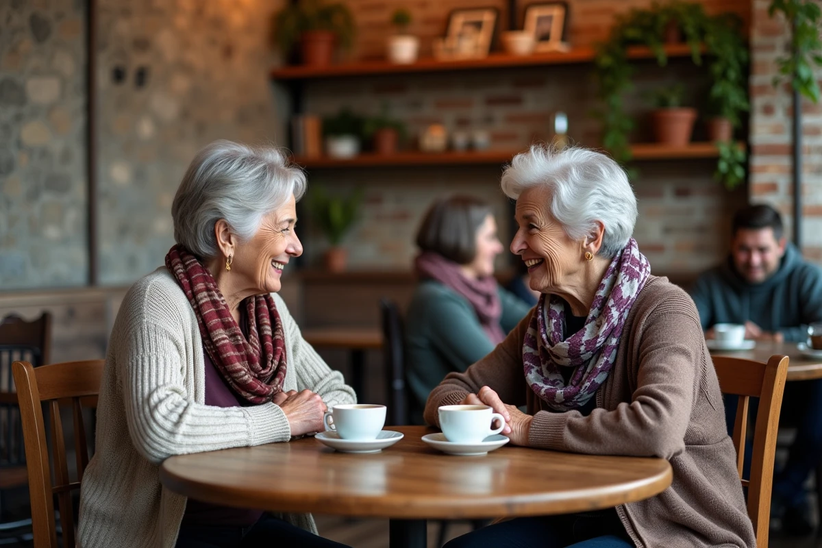 Deux femmes âgées riant dans un café chaleureux