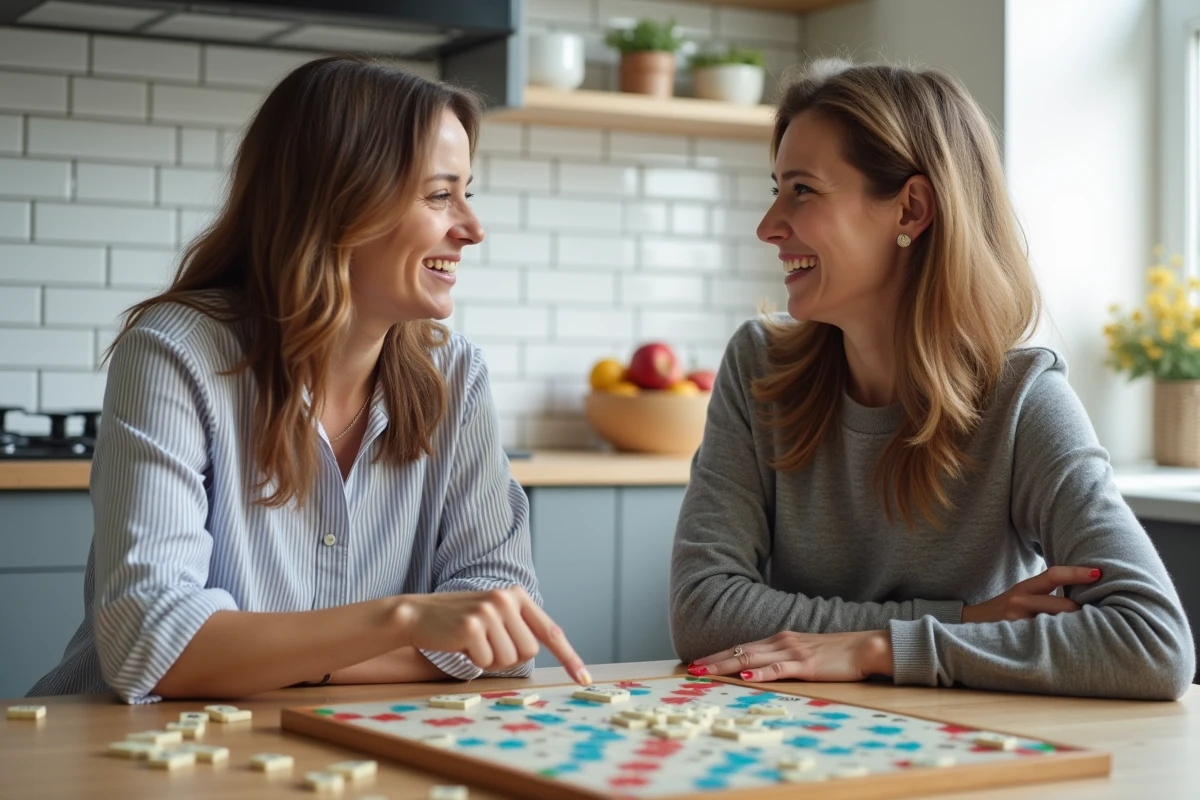 Deux femmes jouant au Scrabble à une table de cuisine, l'une désignant un mot contesté sur le plateau