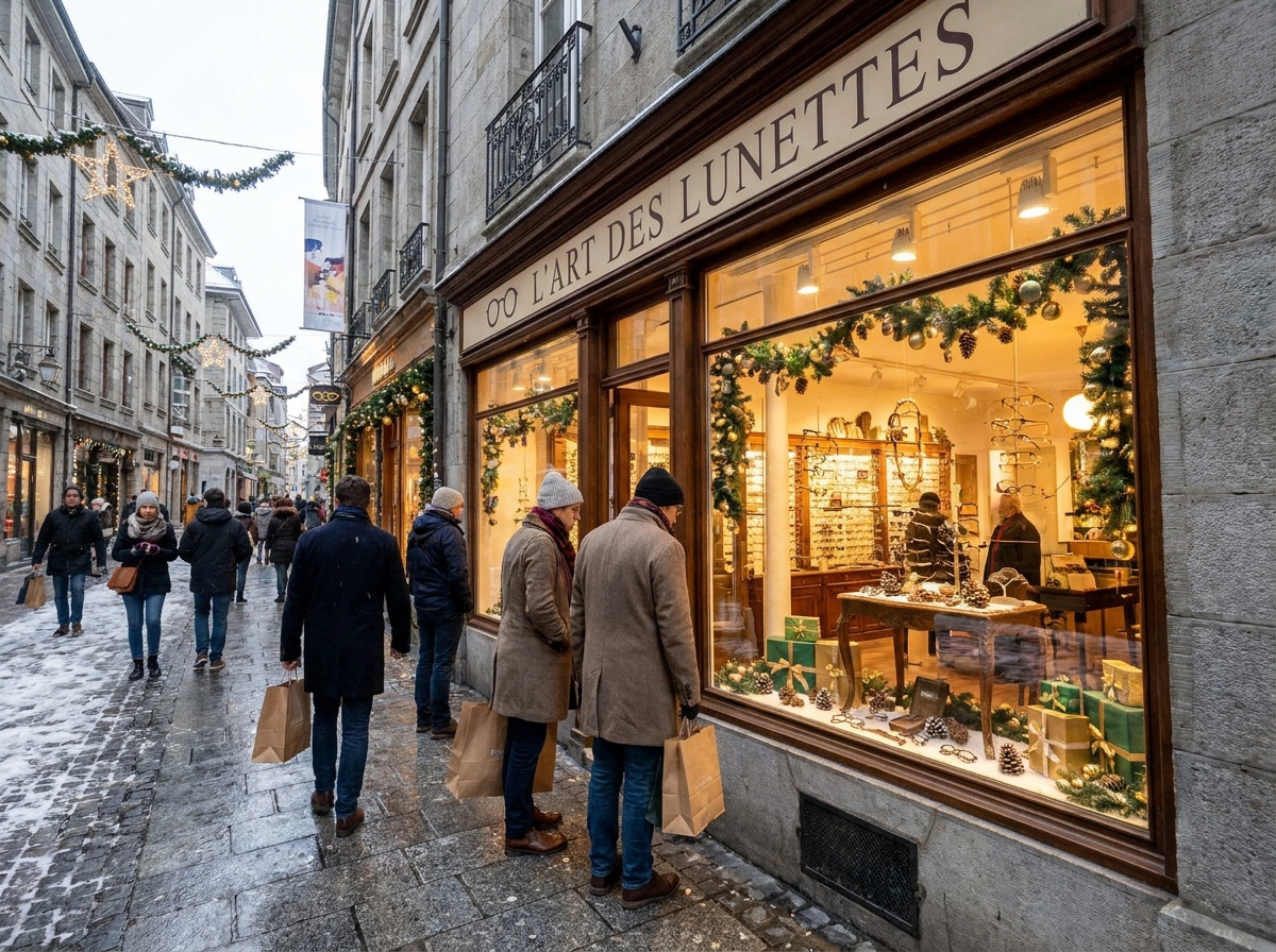 Devanture d'un opticien en centre-ville décorée pour Noël dans une rue piétonne animée avec des passants et des guirlandes festives