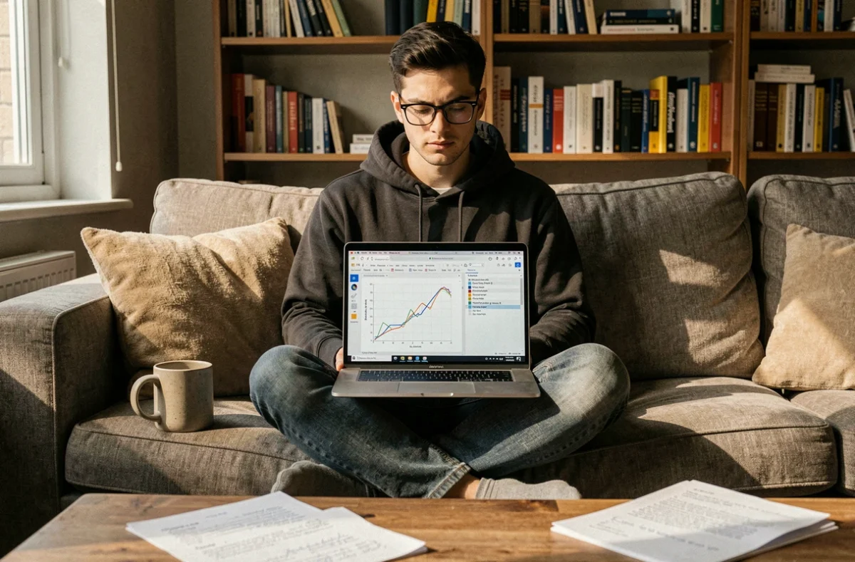 Jeune développeur travaillant sur un notebook Jupyter affichant une courbe AUC-ROC depuis son canapé à domicile