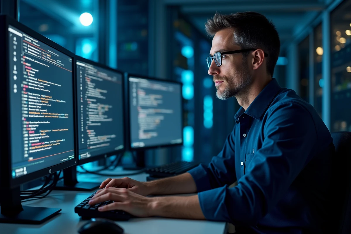 Technicien informatique diagnostiquant un problème d'accès réseau sur plusieurs écrans