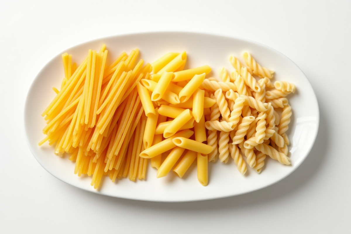 pâtes crues variées sur une assiette blanche