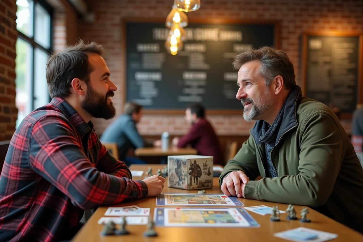 Deux hommes discutant du choix de jeux de guerre et de stratégie autour de figurines et boîtes de jeux dans un café