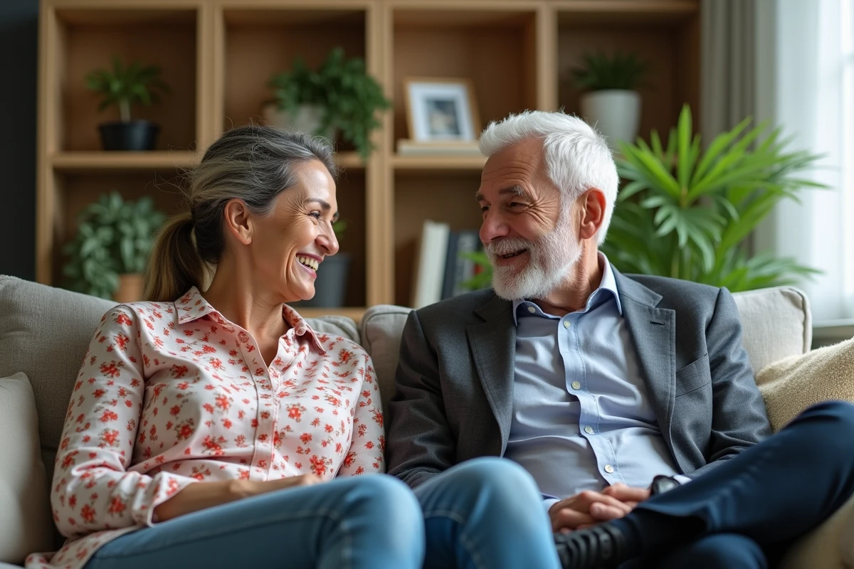 Une femme et un homme âgés discutant dans un salon chaleureux
