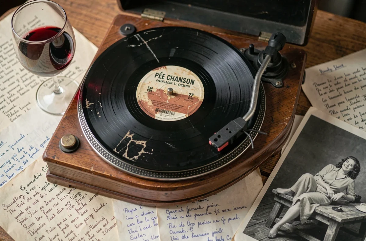 Disque vinyle de chanson française sur une platine vintage entouré de paroles manuscrites et de souvenirs évoquant l'univers poétique de Renaud et Morgane de toi