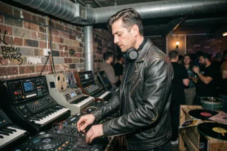 DJ techno dans un club underground des années 90 entouré de synthétiseurs analogiques et de vinyles