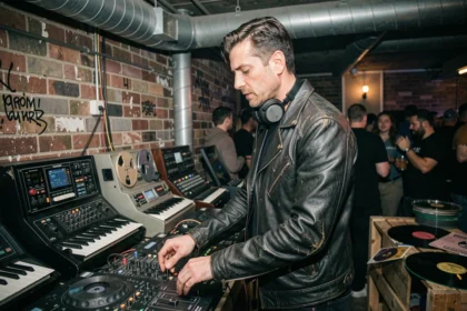 DJ techno dans un club underground des années 90 entouré de synthétiseurs analogiques et de vinyles