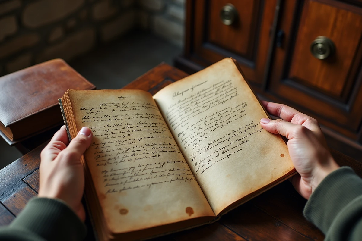 Mains tenant un document généalogique ancien avec des inscriptions en français et en arabe, posé sur une table en bois dans une salle d'archives patrimoniales, symbolisant la recherche des origines familiales
