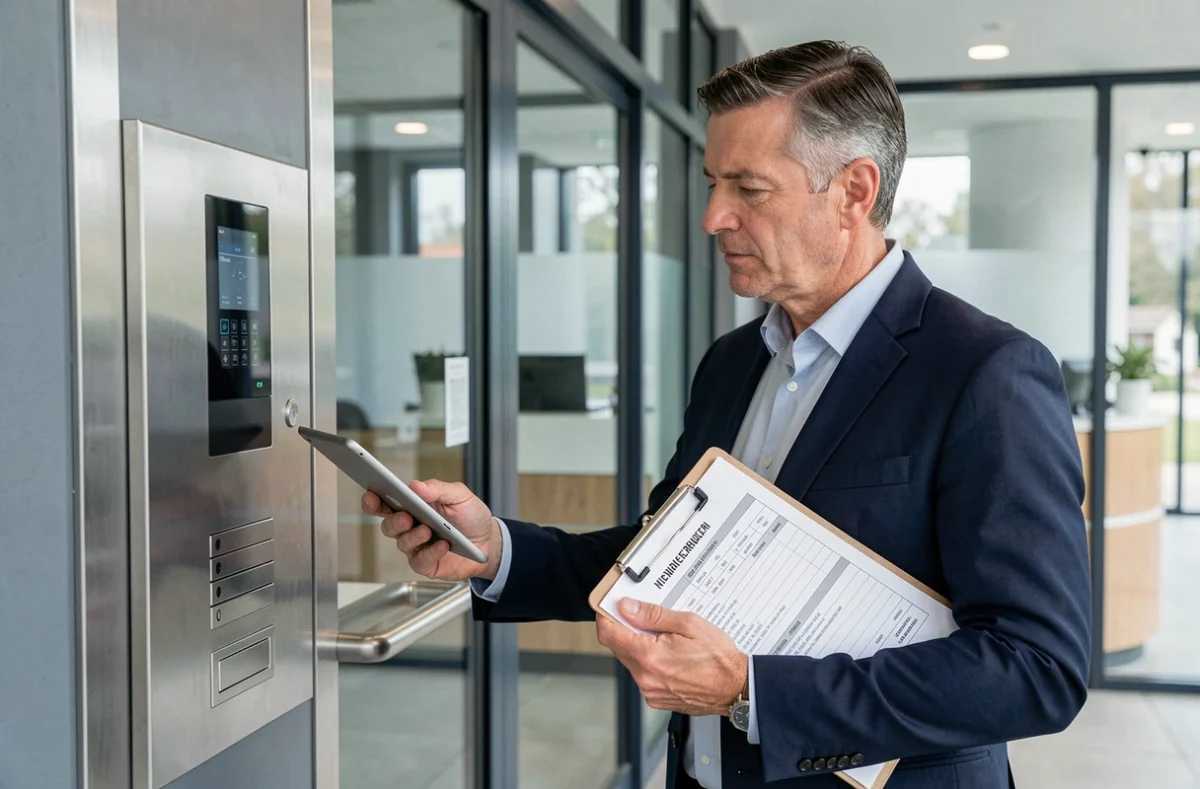 Consultant en sécurité réalisant un audit de contrôle d'accès dans un immeuble de bureaux à Rouen