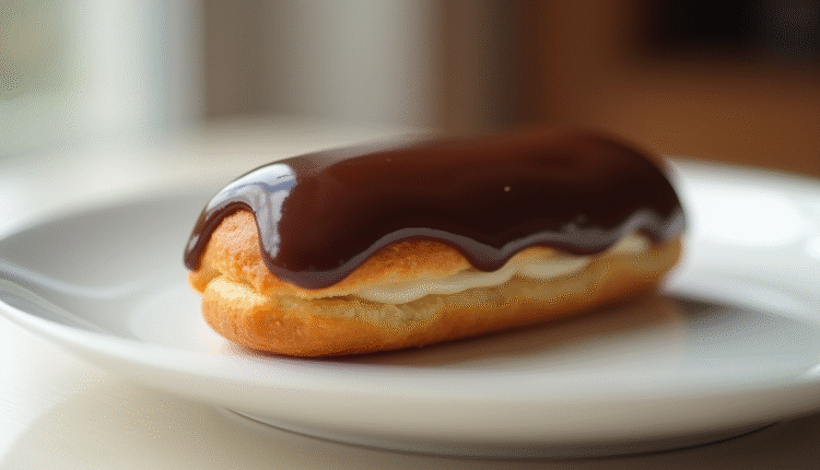 Éclair au chocolat glacé en gros plan avec reflet brillant