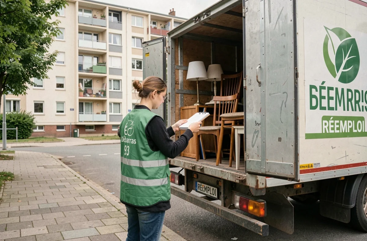 Agente d'Éco Débarras 93 plaçant des objets récupérables dans la section réemploi d'un camion