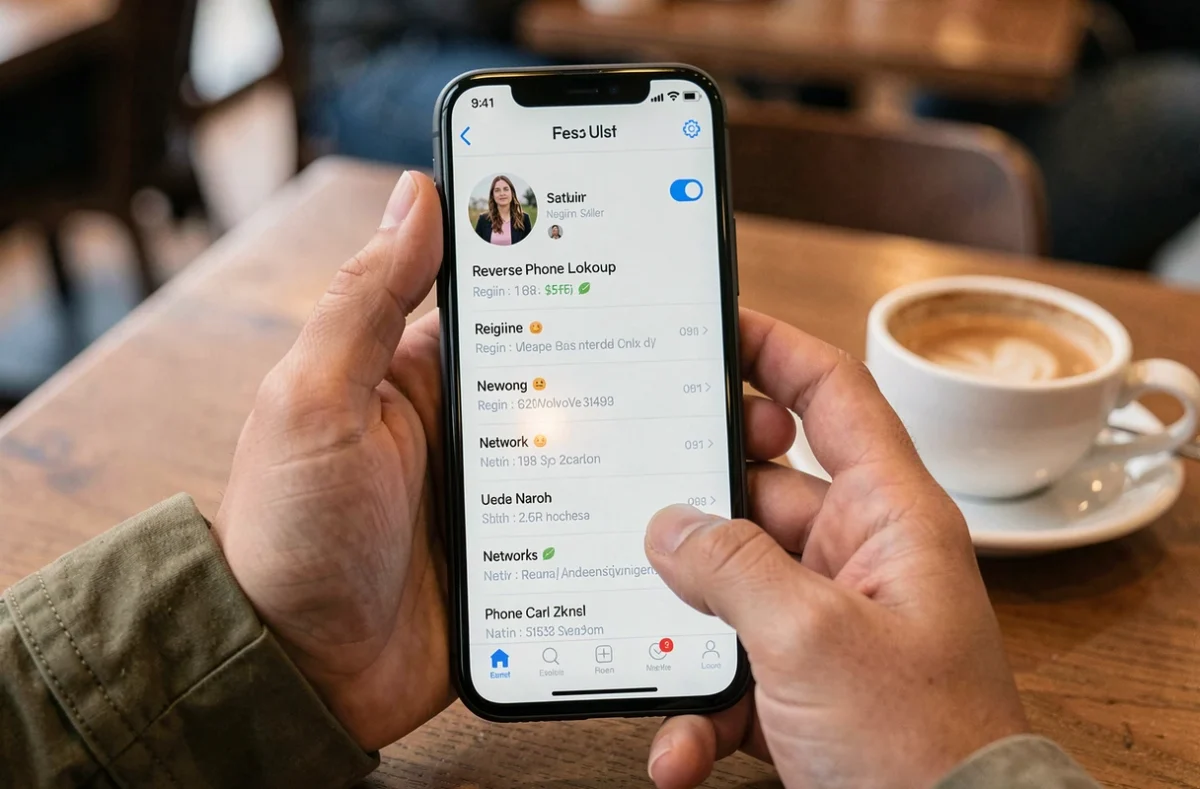 Écran de smartphone affichant les résultats d'un service de numéro inversé téléphone fiable