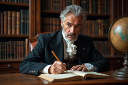 Homme d'âge moyen écrivant dans un bureau ancien avec bibliothèque