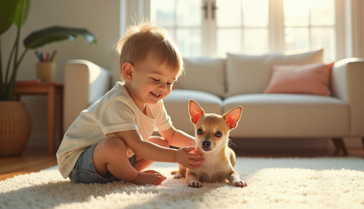 Enfant heureux caressant un chihuahua dans un salon lumineux