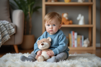 Petit garçon assis sur un tapis dans un salon chaleureux
