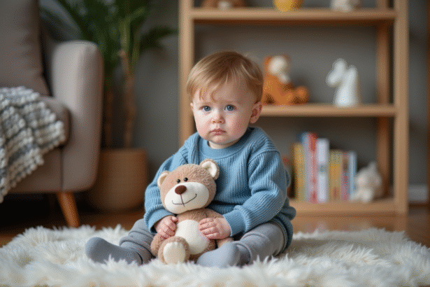 Petit garçon assis sur un tapis dans un salon chaleureux