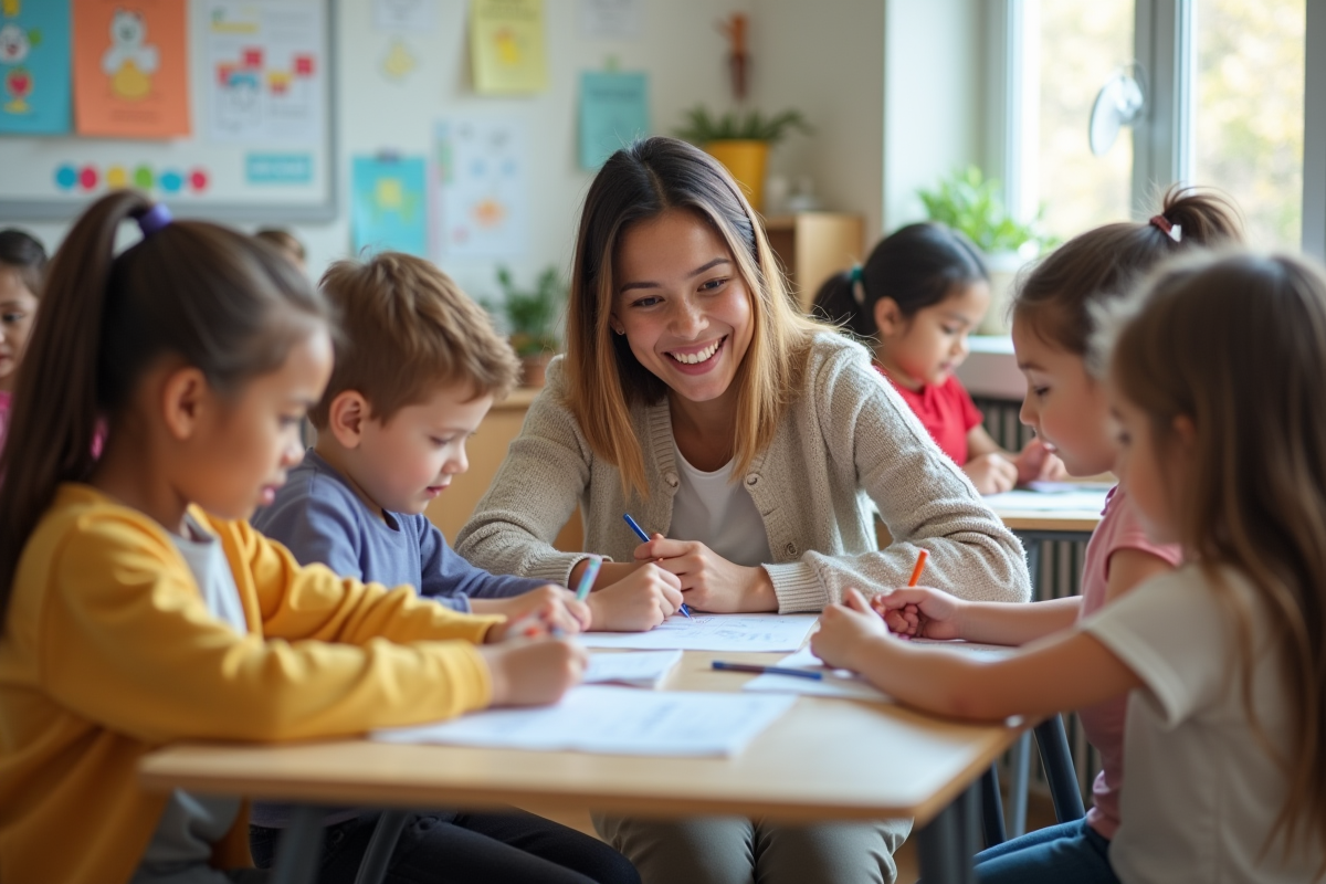 Enfants créant dans une classe moderne avec professeur