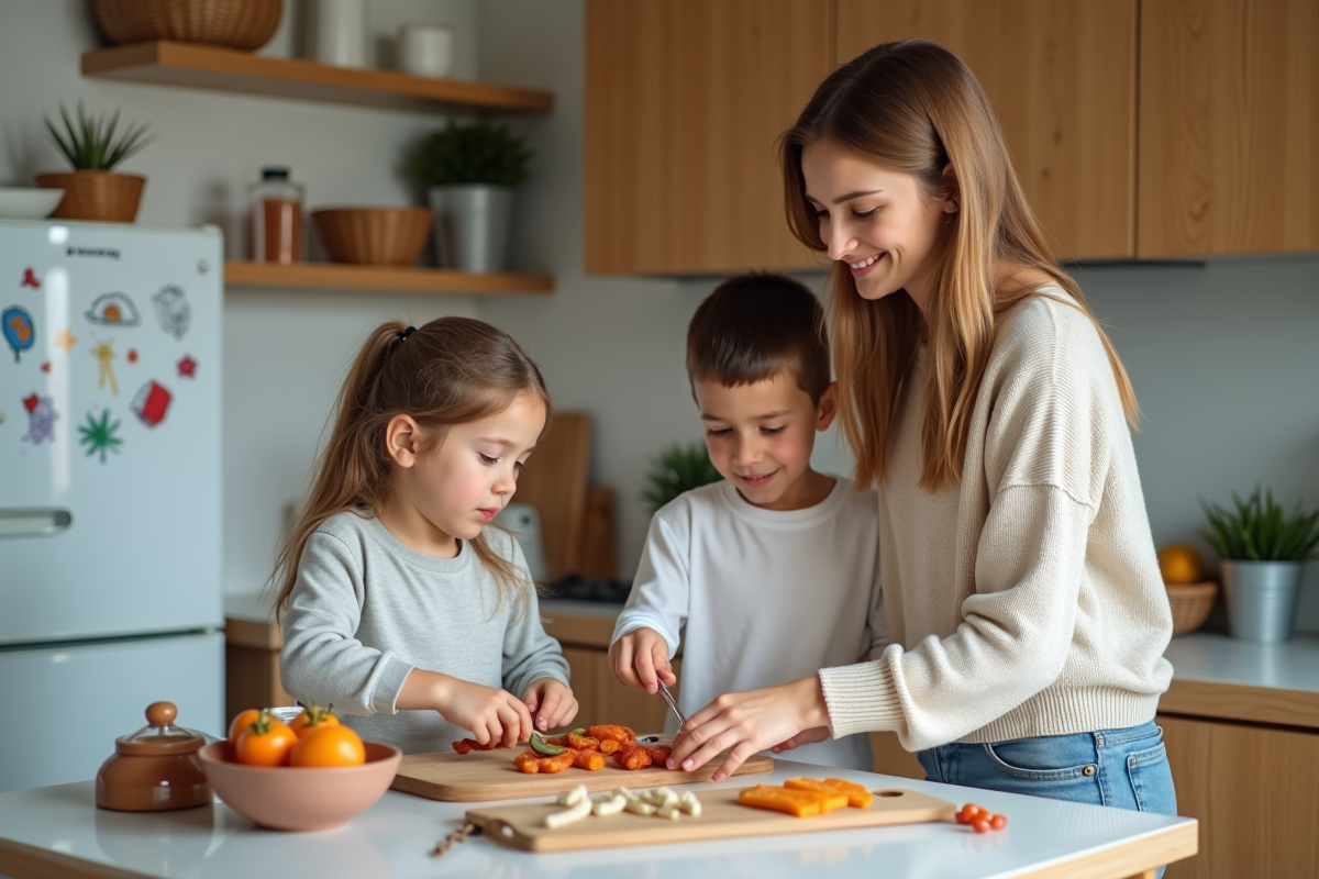 Mère et enfants préparant une collation saine en cuisine