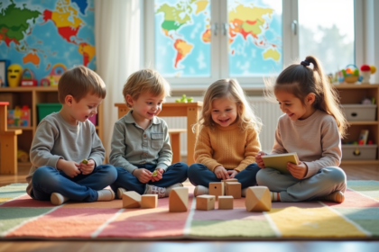 Groupe d'enfants en classe maternelle jouant avec des blocs en bois