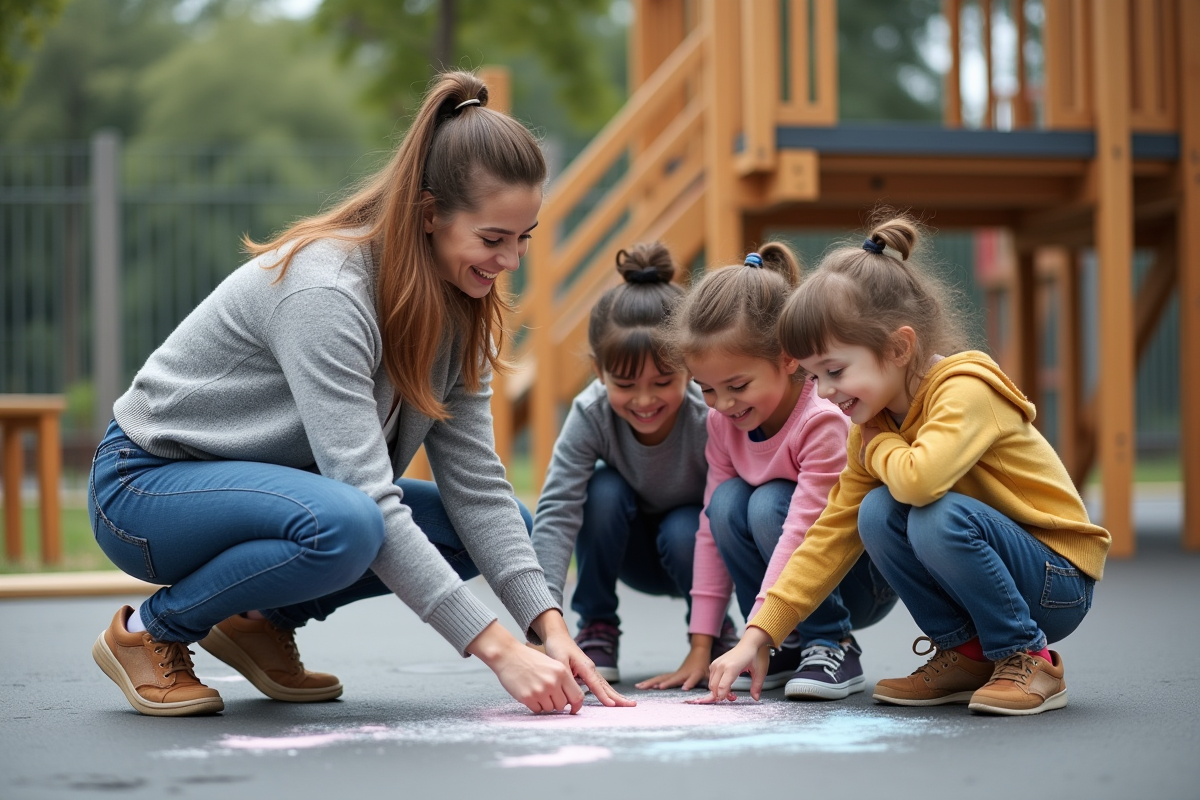Enseignante aidant des enfants à dessiner sur le trottoir en extérieur