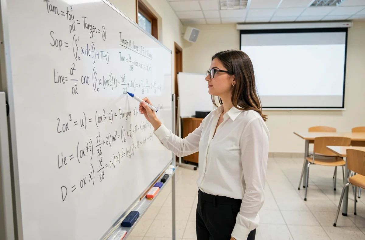 Enseignante expliquant l'équation réduite de la tangente au tableau dans une salle de cours universitaire
