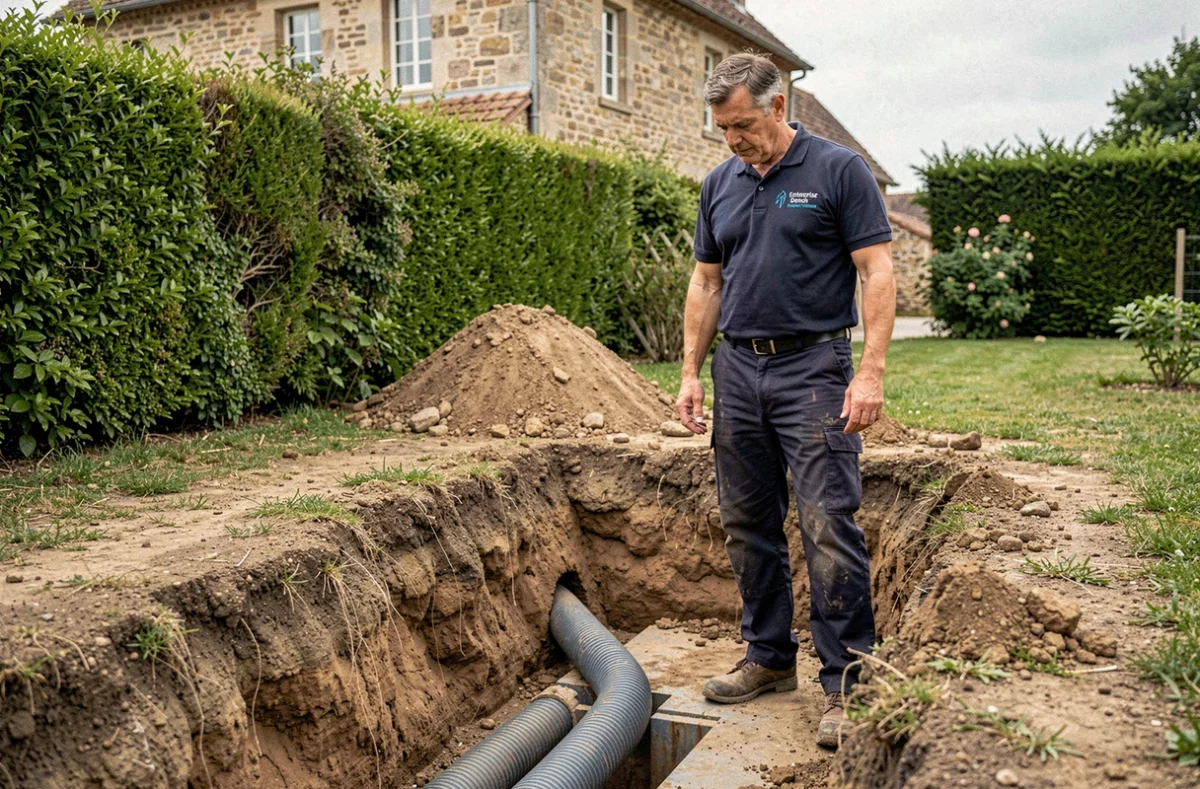 Entrepreneur de l'Entreprise Denoix Frédéric Chiorozas supervisant la pose de canalisations enterrées dans un jardin en Dordogne