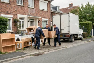 Équipe professionnelle de débarras transportant des meubles et cartons hors d'une maison en Seine-Saint-Denis avec un camion blanc garé devant