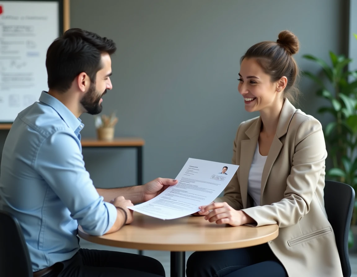 Entretien de coaching carrière avec un recruteur RH examinant un CV imprimé dans un bureau professionnel